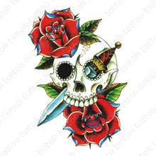 Load image into Gallery viewer, Dagger and skull temporary tattoo design with roses.
