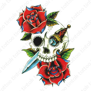 Dagger and skull temporary tattoo design with roses.