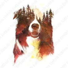 Load image into Gallery viewer, Abstract dog temporary tattoo design with pine trees and water color splashes.