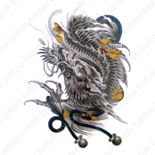 Black and Gray Dragon temporary tattoo design with small orange flowers on it.