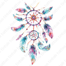 Load image into Gallery viewer, Watercolored dream catcher temporary tattoo design with 12 colorful feathers.