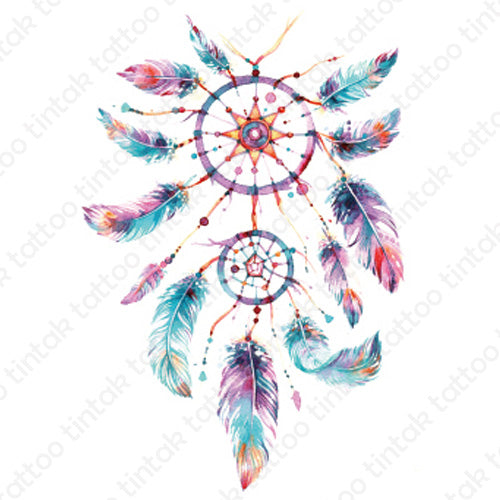 Watercolored dream catcher temporary tattoo design with 12 colorful feathers.