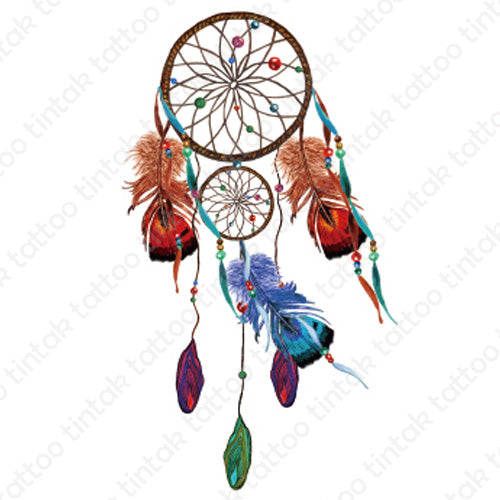 Dream catcher temporary tattoo design with two red feather tails on sides and one blue feather tail in the middle.