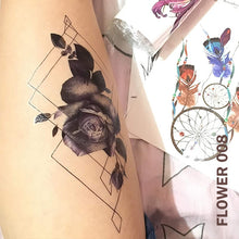 Load image into Gallery viewer, Temporary tattoo sticker on a woman&#39;s leg with black and gray rose flower design with geometric lines.