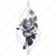 Load image into Gallery viewer, Black and gray rose flower temporary tattoo sticker design with geometric lines.