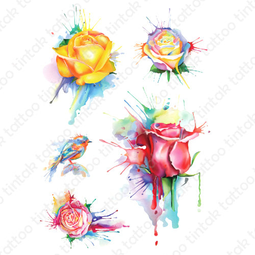 watercolored temporary tattoo sticker with four rose flower designs and a small bird.