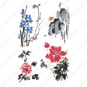 Four sets of water colored flowers temporary tattoo sticker design.