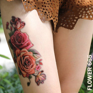 Rose Flower Temporary Tattoo Sticker on Woman's Leg