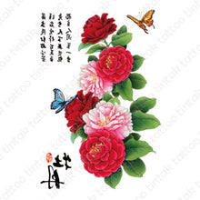 Load image into Gallery viewer, Red and pink peony flowers temporary tattoo sticker design with small butterflies and Chinese characters about the flower.