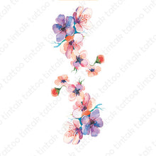 Load image into Gallery viewer, two watercolored flower temporary tattoo sticker designs symmetrical to each other.