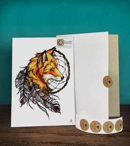 Tintak temporary tattoo sticker with fox dream catcher design, with its hard board packaging.