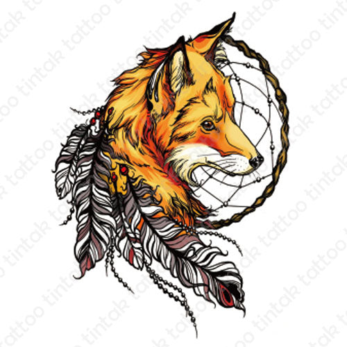 Dream catcher temporary tattoo design with an orange fox facing sideward.