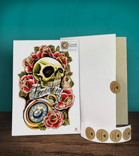 Load image into Gallery viewer, Tintak temporary tattoo sticker with skull and roses design, with its hard board packaging.