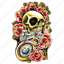Load image into Gallery viewer, Skull temporary tattoo design with a roman clock, roses, and a banner saying &quot;Freedom&quot;.