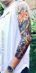 Full sleeve temporary tattoo on a man's arm with biomech and koi fish design.