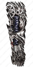 Load image into Gallery viewer, Black and gray full sleeve biomech temporary tattoo design with gears and machine parts.