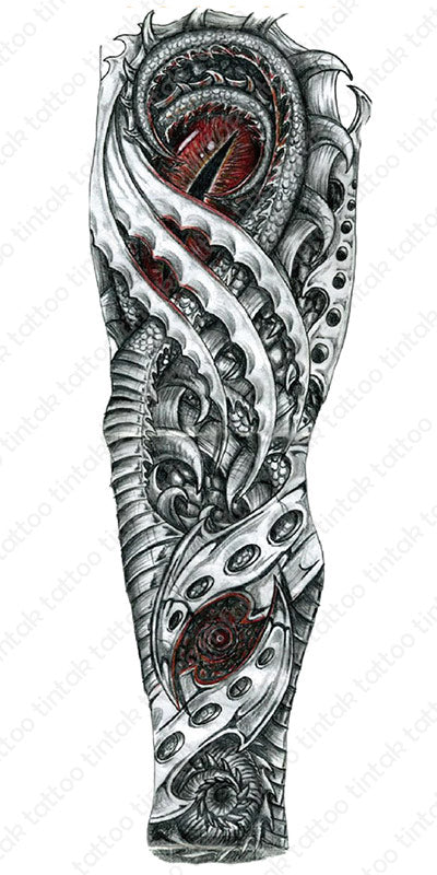 Black and gray full sleeve dragon biomech temporary tattoo design.