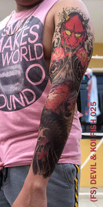 Full sleeve temporary tattoo on a man's arm with koi fish design.