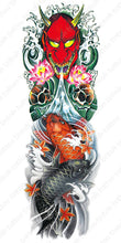 Load image into Gallery viewer, Full sleeve temporary tattoo design with red hannya mask and colored koi fish.