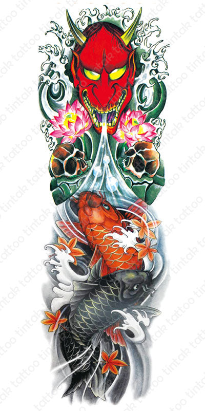 Full sleeve temporary tattoo design with red hannya mask and colored koi fish.
