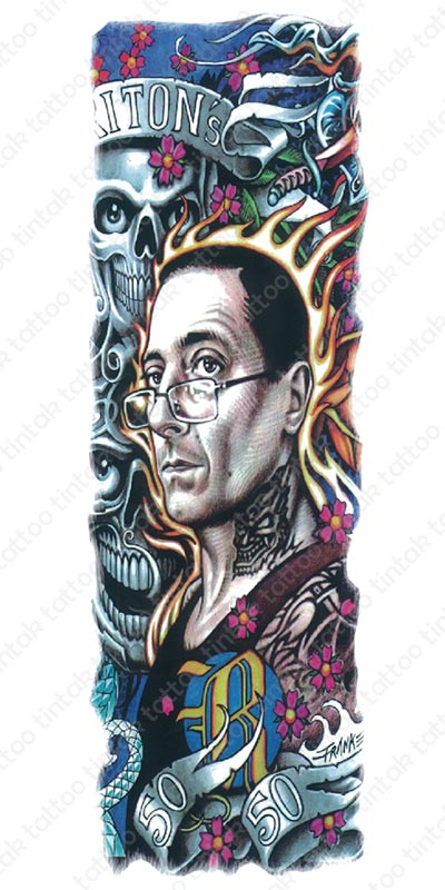 Full sleeve temporary tattoo design with a man face, a skull and small flowers.