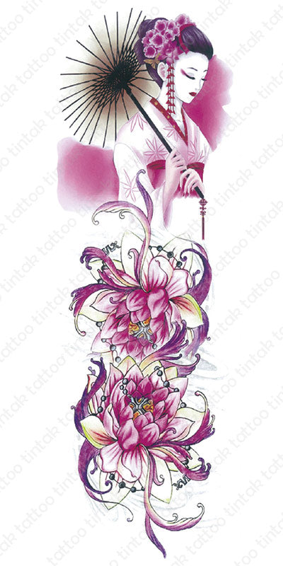 Pink full sleeve temporary tattoo design with Geisha and two lotus flowers.