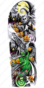 Halloween design of a full sleeve temporary tattoo with ghosts, pumpkins, and a haunted house.