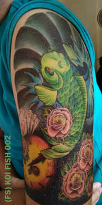 Full sleeve temporary tattoo design cut in half and placed on a man's upper arm.