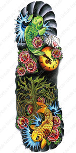 Full sleeve temporary tattoo design with koi fish and roses.