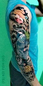 Full sleeve koi fish temporary tattoo design on a man's arm.