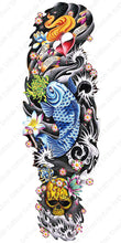 Load image into Gallery viewer, Blue koi fish in full sleeve temporary tattoo design with black and gray background.