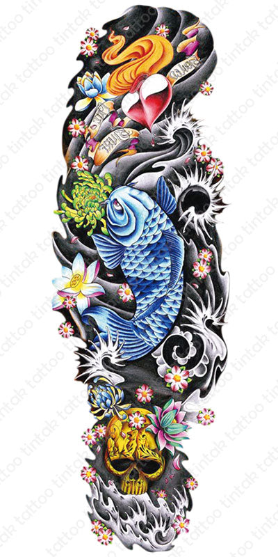 Blue koi fish in full sleeve temporary tattoo design with black and gray background.