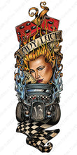 Load image into Gallery viewer, Full sleeve temporary tattoo design in casino theme with cards, dice, a car, a woman, with a banner saying &quot;Lady Luck&quot;.
