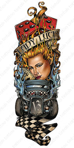 Full sleeve temporary tattoo design in casino theme with cards, dice, a car, a woman, with a banner saying "Lady Luck".