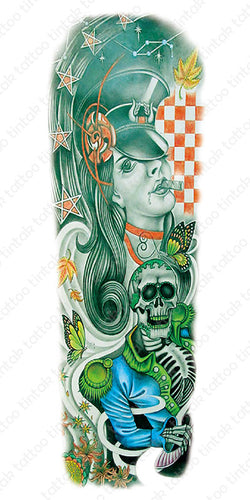 Green full sleeve temporary tattoo design with a lady and a skeleton.