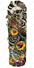 Load image into Gallery viewer, Full sleeve temporary tattoo design with skull, roses, and eyeballs with wings.