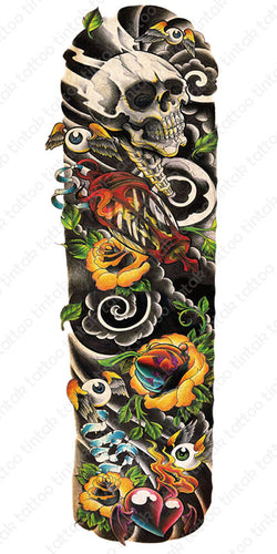 Full sleeve temporary tattoo design with skull, roses, and eyeballs with wings.