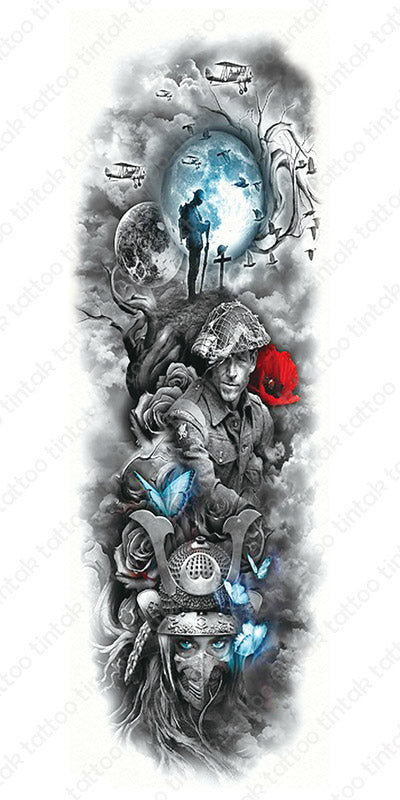 Black and gray full sleeve temporary tattoo design with some blue and red accent.
