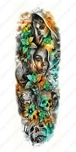 Full sleeve temporary tattoo design with a lady's face, a skull, flowers, butterflies, and a small clock.