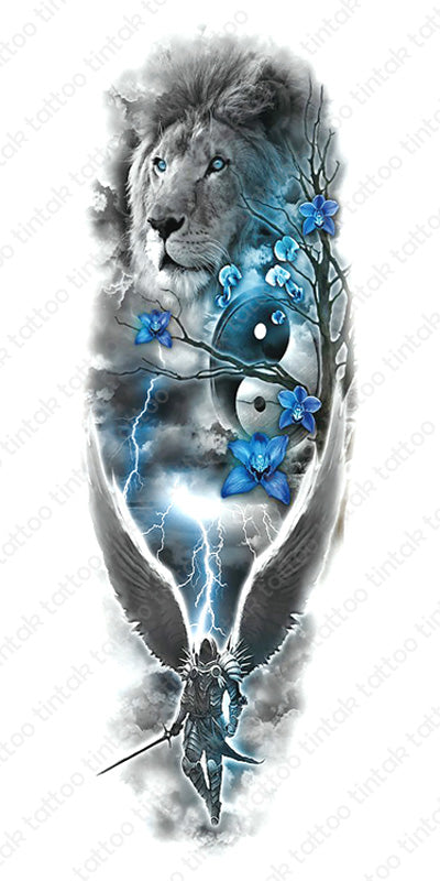 full sleeve tattoo sticker design with lion, flower, angel and yinyang design.