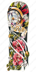 Full sleeve temporary tattoo design with flowers, a clock, and a banner with 