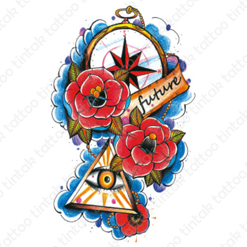 Tintak temporary tattoo design with compass, roses flowers, the eye, and a banner saying "future".