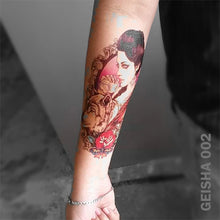 Load image into Gallery viewer, Geisha temporary tattoo on a women&#39;s arm.