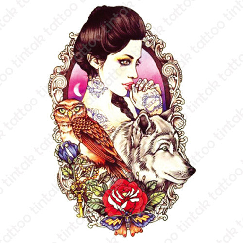 Geisha temporary tattoo design with an owl, a wolf, and a rose.