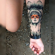 Load image into Gallery viewer, Woman&#39;s arm with indian lady temporary tattoo.