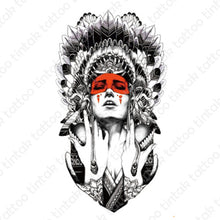 Load image into Gallery viewer, Indian lady tintak temporary tattoo design with indian hat and a red eye mask.