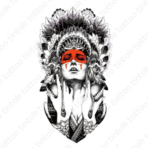Indian lady tintak temporary tattoo design with indian hat and a red eye mask.
