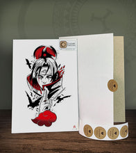 Load image into Gallery viewer, Itachi Temporary Tattoo Sticker Design 094 with its hard board packaging.