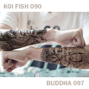 A man's left and right arm, each have temporary tattoos with a Koi Fish on his right and a Buddha on his left.