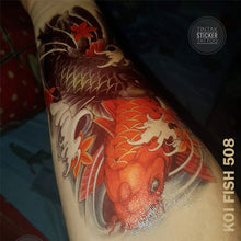 Load image into Gallery viewer, Colored Koi Fish temporary tattoo sticker design on man&#39;s arm.